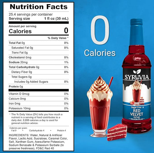Syruvia Sugar Free Coffee Syrup, Red Velvet Flavored Syrup for Drinks, Lattes, and Desserts – 25.4 fl oz, With Pump
