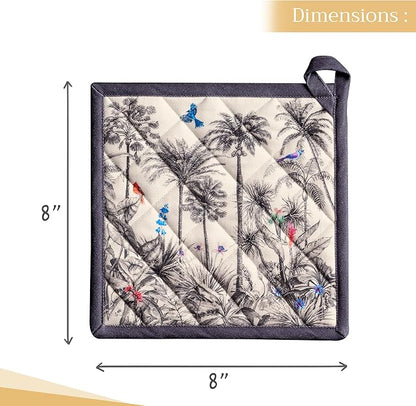 Maison d' Hermine Pot Holders Set 100% Cotton Heat Resistant Potholders 8" x 8" Hot Pads with Loop BBQ, Cooking, Baking, Grilling, Kitchen, Handling Hot Pans (Pack of 2, Amazonia)