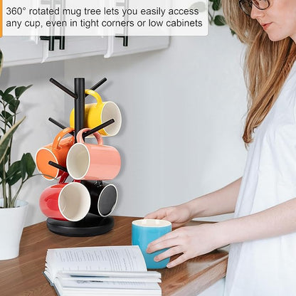 MyLifeUNIT Mug Holder Tree, 360° Rotated Coffee Cup Holder with 6 Hooks, Wooden Coffee Mug Holder Organizer for Counter Top, Coffee Bar Accessories (Black)