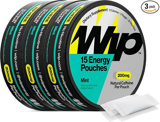 Wip Energy Pouches | 200mg Natural Caffeine | Vitamins and Minerals | Mint | 15 Pouches Per Can | 3 Cans