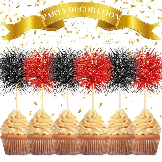 Chinco 100 Pcs Foil Firework Cupcake Toppers Sparkle Tinsel Cake Toppers Cake Decoration Cocktail Fruit Toothpick for Birthday Wedding Graduation Party(Red, Black)