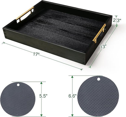 LotFancy Wood Serving Tray, 17x13”, Large Ottoman Tray with Metal Handles, Decorative Wooden Tray for Living Room, Ottoman, Coffee Table, 2 Skidproof Coasters Included, Black