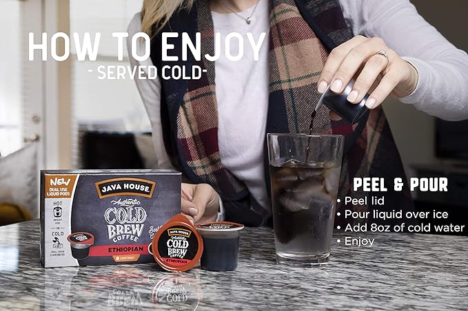 JAVA HOUSE Light Roast Ethiopian Cold Brew Pods, (6 Count) Peel and Pour Pods Hot or Iced Instant Coffee Concentrate