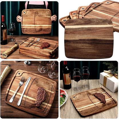Uiifan 6 Pcs Steak Plates with Juice Channel Wooden Steak Board Set Acacia Cutting Serving Board for Home Serving Eating Meat Dishes Snack Dessert, 13 x 11 x 0.6 Inch
