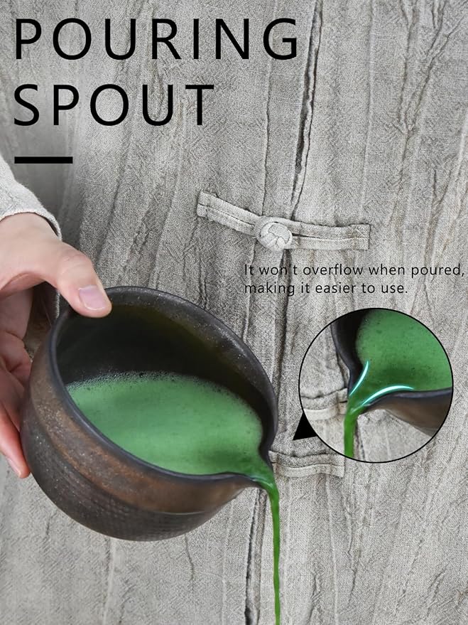 Artcome Luxury Matcha Tea Set – 4-Piece Japanese Matcha Kit with Black Rustic Glazed Bowl & Spout, Bamboo Whisk, Holder, Scoop & Manual – Handcrafted Ceramic Tea Ceremony Set
