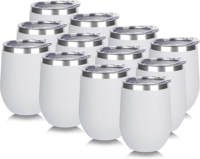 DOMICARE Stainless Steel Wine Tumbler Bulk with Lid, Personalized White Insulated Tumblers Set, 12oz Travel Coffee Cups Pack of 12