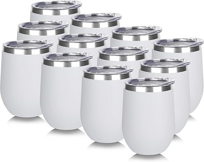 DOMICARE Stainless Steel Wine Tumbler Bulk with Lid, Personalized White Insulated Tumblers Set, 12oz Travel Coffee Cups Pack of 12