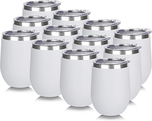 DOMICARE Stainless Steel Wine Tumbler Bulk with Lid, Personalized White Insulated Tumblers Set, 12oz Travel Coffee Cups Pack of 12