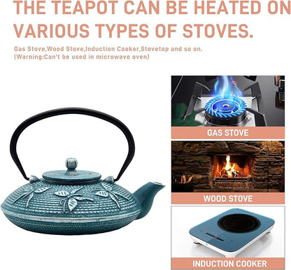 Cast Iron Teapot,SECHUDO Tea Kettle Coated with Enameled Interior for Loose Tea,Cast Iron Teapot with Stainless Steel Infuser for Stovetop Safe (27.1oz Flat Butterfly Pattern)