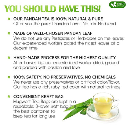 FreshDrinkUS, Premium 30 Pandan Leaf Tea Bags, 100% Natural & Pure from Pandan Leaves. Loose Leaf Pandan Herbal Tea. Made with Natural Material Tea Bags. No Sugar, No Caffeine, No Gluten, Vegan. (30 Tea bags)