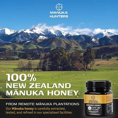 Manuka Hunters UMF 26+/MGO 1280+ Certified New Zealand Manuka Honey - 100% Pure Natural Sweetener - Gluten, Dairy Free - Ideal for Tea, Coffee, Smoothies, and Baking - Sustainable - 8.8oz/250g Jar