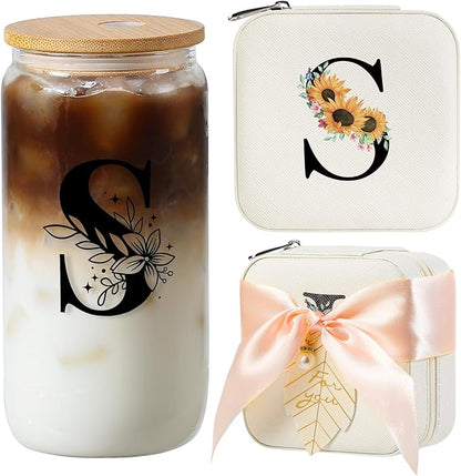 AYGXU Initial glass cups with lids and straws,personalized gifts for women,iced coffee cups,small jewelry box,travel jewelry case organizer,small jewelry travel case,Initial S white