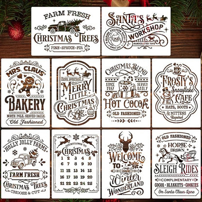 Christmas Stencils for Painting A4 Christmas Stencils for Crafts Reusable Holiday Drawing Templates for Wood Fabrics Door Mat Porch Hanger Winter Decor(XMS Stencil A402/10P)