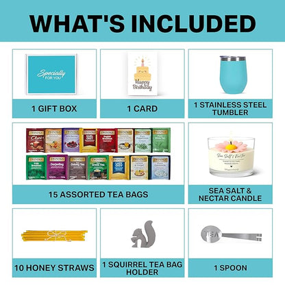 Birthday Gift Set with Stainless Tumbler, 15 Assorted Teas, 10 Honey Straws, Tea Tongs, Scented Candle and Greeting Card in Ready-to-Gift Box (Teal - Birthday Card)
