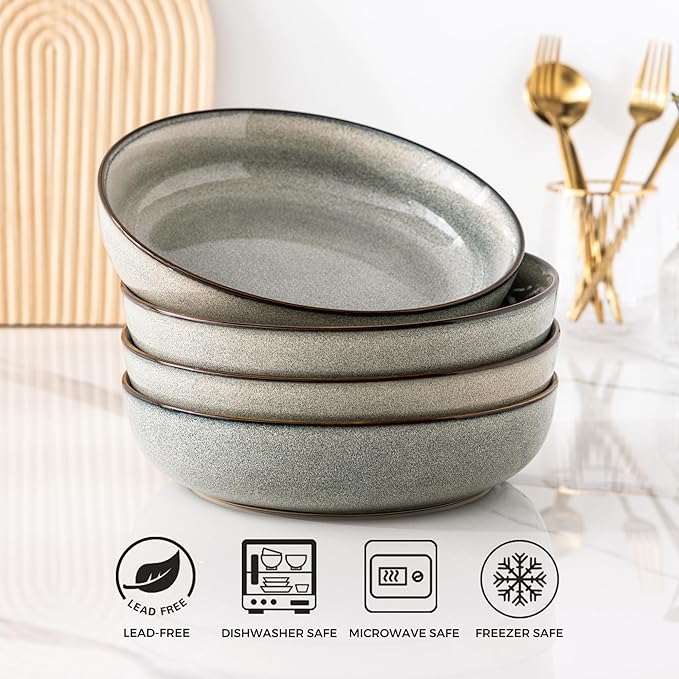 GBHOME 9'' Large Ceramic Pasta Bowls, 38oz Stoneware Pasta Serving Bowls Set of 4 for Kitchen, Wide Bowls for Fruit,Pasta,Salad,Oatmeal,Meal, Microwave Safe, Reactive Glaze-Green Wheat