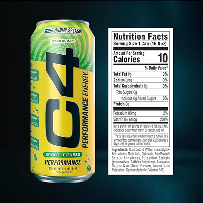 Cellucor C4 Energy Carbonated Zero Sugar Energy Drink, Pre Workout Drink + Beta Alanine, Sour Gummy Splash, 16 Fl Oz (Pack of 24)