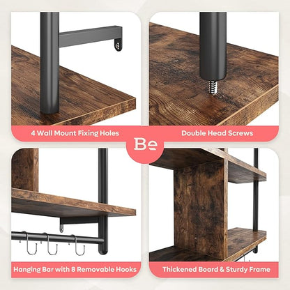 Bestier Floating Pipe Shelving Kitchen Shelves Wall Mounted 3 Tier 41.5" Ladder Coffee Bar Shelf Hanging with Circular Tube, Display Bookshelf Storage for Living Room Kitchen, Rustic Brown
