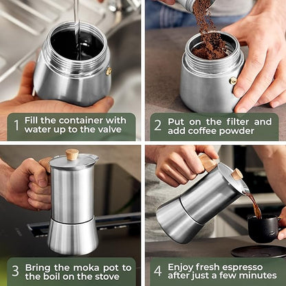 WALDWERK Stainless Steel Moka Pot (10oz) - Toxic Free Moka Pot with Oak Wood Handle - Stovetop Espresso Maker - Italian Coffee Maker for Stovetop and Induction