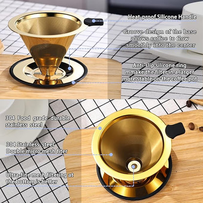 Small Size Pour Over Coffee Dripper, Stainless Steel Metal Cone Drip Coffee Filter, Paperless and Permanently Reusable, Double Mesh Coffee,TeaFilter for 1-2 Cups
