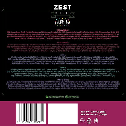 Fruit Snacks by Zest Delites, Fruit Leather Bars, Healthy Snacks for Adults & Kids, Vegan, Apple-Based, Strawberry, Peach, Blackberry, Plum, Tart Cherry, Bulk 0.88 oz x 50