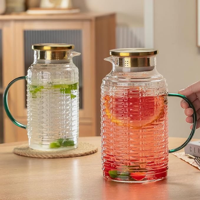 Glass Pitcher with Lid, 2 PACK 84 oz/2.5 Liter Vintage Water Pitcher, Clear Borosilicate Glass Water Carafe for Cold Brew, Coffee, Lemonade, Iced Tea,Beverage, Heat Resistant Water Glass Jug