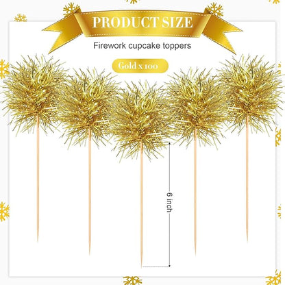 Chinco 100 Pcs Foil Firework Cupcake Toppers Sparkle Tinsel Cake Toppers Cake Decoration Cocktail Fruit Toothpick for Birthday Wedding Graduation Party(Gold)