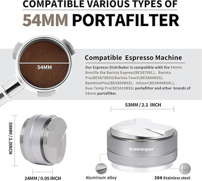 54mm Coffee Distributor and Tamper,Dual Head Coffee Leveler Fits for Breville 54mm Portafilter,Professional Espresso Hand Tamper.(Silver)