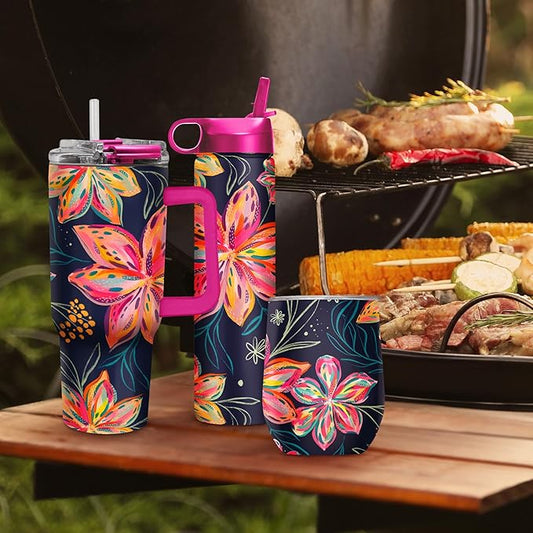 RainCaper 18/8 Stainless Steel Insulated Water Tumbler with Straw | 30oz, BPA-Free, Double Wall for Hot & Cold | Travel-Friendly, Cup Holder Ready (EttaVee Bold Flowers)