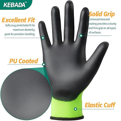 Kebada W1 Work Gloves for Men and Women, Touchscreen PU Coated Gloves with Grip, 50 Pairs Bulk Pack, Ideal for Warehouse Package Handling, Construction, Gardening, Green Large