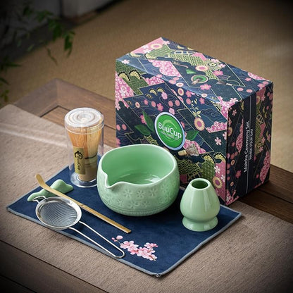 Matcha Whisk Set, Ceramic Matcha Set Includes Matcha Bowl, Matcha Whisk and Holder, Bamboo Scoop, Scoop Rest, Sifter and Tea Towel - 7 Pcs Matcha Kit for Matcha Lovers (Green)