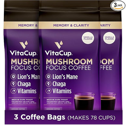 VitaCup Focus Mushroom Coffee Grounds, Vanilla Flavored Coffee with Lions Mane, Chaga, B Vitamins, D3, Boost Focus, Immunity, Memory & Clarity, Medium Dark Roast, 100% Arabica Specialty, 3 bags, 10 oz each