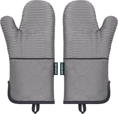 Beneno Kitchen Oven Mitts 2-Pack Heat Resistant to 500°F with Non-Slip Silicone Grip, Extra Long 14.3" Forearm Protection, Soft Quilted Cotton Terry Lining, Ideal for Cooking, Baking, Grilling, Gray