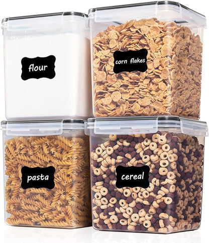 Vtopmart Food Storage Containers 4.3L / 145.4oz, 4 Pieces BPA Free Plastic Airtight Canister for Flour, Sugar, Baking Supplies, with 4 Measuring Cups and 24 Labels, Black