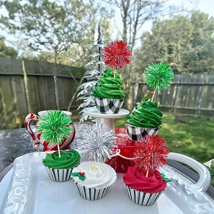 Gyufise 30Pcs Foil Firework Cupcake Toppers Sparkle Tinsel Cake Toppers Tinsel Drink Cake Decoration Cocktail Picks for Birthday Wedding Graduation Party Supplies Silver Green Red