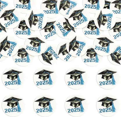 Gyufise 48Pcs Edible 2025 Graduation Cap Cupcake Toppers Wafer Paper Class of 2025 Grad Cap Cupcake Picks for 2025 Graduation Theme Party Cake Decorations Supplies Blue