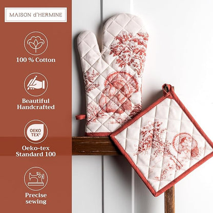 Maison d' Hermine 100% Cotton Oven Mitt & Pot Holder Set (7.5"x13" & 8"x8") Heat Resistant BBQ Cooking Gloves with Loop, Baking, Grilling, Kitchen, Handling Hot Pans (Holy Jouy - Red)