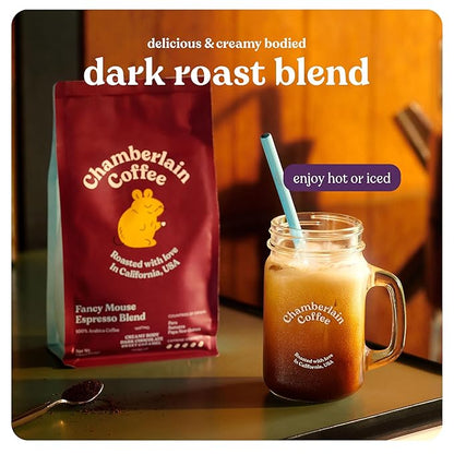Chamberlain Coffee Fancy Mouse Espresso Blend - Extra Bold, Dark Roast Ground Coffee Beans with Notes of Sweet Caramel, Dark Chocolate & Toasted Peanuts - Specialty Ground Coffee - 10 oz