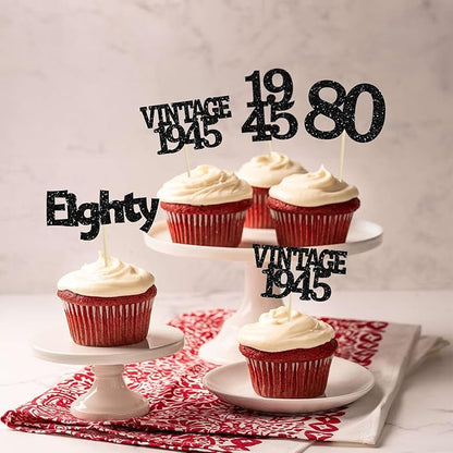 Gyufise 24Pcs Vintage 1945 Cupcake Toppers Glitter Cheers to 80 Fabulous Eighty Cupcake Picks 80th Birthday Wedding Anniversary Party Cake Decorations Supplies Black
