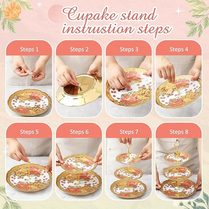 Maxcheck 21 Pcs Tea Party Set for Adults European Floral Tea Set with Metal Holder and 3 Tier Ceramic Cake Stand Porcelain Flower Cup Teapot for Dessert Cupcake(Stylish Style)