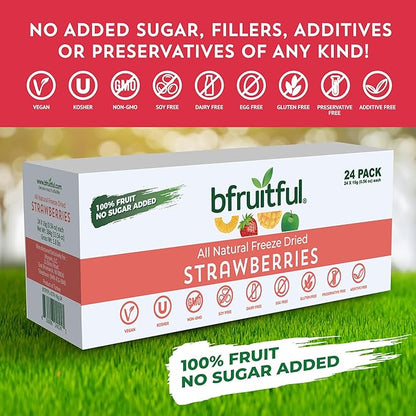 bfruitful Freeze-Dried Strawberries, Freeze Dried Fresh Fruit Bites, Gluten Free, Vegan, Dairy Free, Kosher, No Sugar Added, Non GMO, Healthy Snacks for Kids or Adults, 0.56 oz Single-Serve Snack Packets, 24 Pack