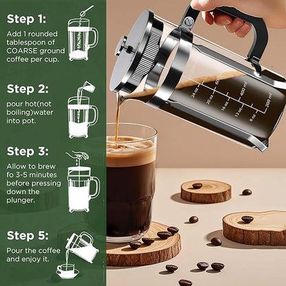 French Press Coffee Maker, 34 Ounce 1 Liter, Stainless Steel, Cold Brew Heat Resistant Borosilicate Glass Espresso Coffee & Tea Maker with 4 Filter