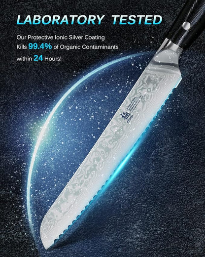 KYOKU 8" Serrated Bread Knife - Gin Series - VG10 Damascus Japanese Steel Kitchen Knife with Silver Ion Blade G10 Handle Mosaic Pin, Professional Razor-Sharp Bread Cutting Slicing