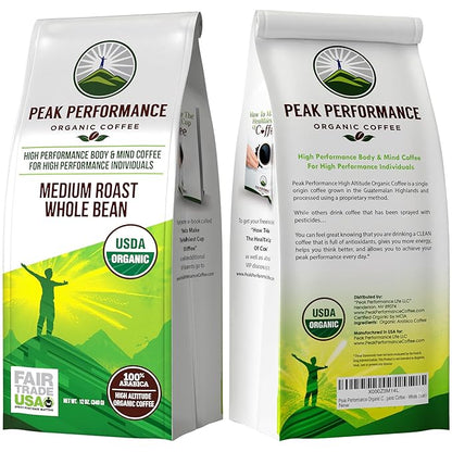Peak Performance High Altitude Organic Coffee. Fair Trade, Low Acid, Non GMO, and Beans Full Of Antioxidants. Medium Roast Smooth Tasting USDA Certified Organic Whole Bean Coffee Bag