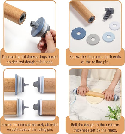 Bamboo Land- Adjustable Rolling Pin with Thickness Rings for Baking, 13.8", 4 Pastel Colored Thickness Rings (2-10 mm or 1/16"-3/8"), Wood Rolling Pins for Baking, Bread, Pizza & Cookie Doughs