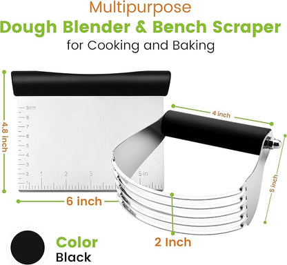 Spring Chef Dough Blender & Pastry Cutter Tool, Stainless Steel Pastry Blender & Bench Scraper for Pizza, Nut, Pie - Multipurpose Dough Cutter & Scraper Tool for Baking with Soft Grip Handles - Black