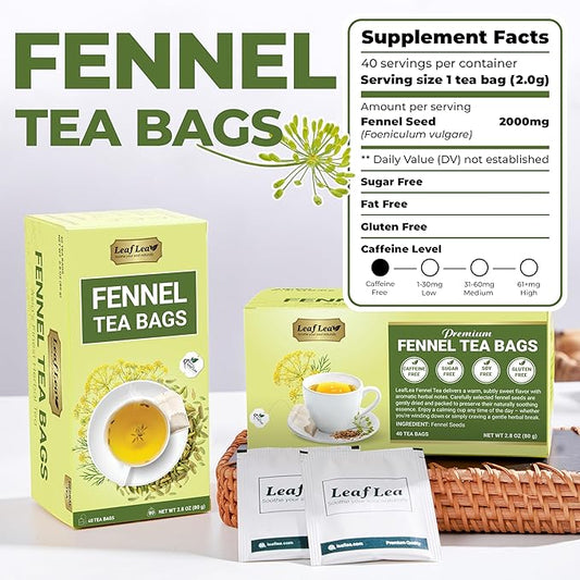LeafLea 80 Premium Fennel Tea Bags, Pure Dried Fennel Seed Tea, Daily Ease & Balance, Naturally Sweet Taste, Caffeine-Free, Sugar-Free, Non-GMO, Vegan, Individually Wrapped