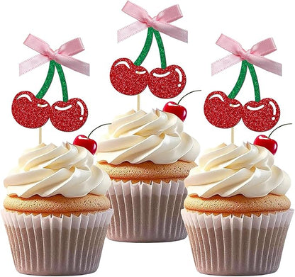24 Pack Cherry Cupcake Toppers, Glitter Sweet Cherry Cupcake Pick for Fruits Theme Baby Shower and Birthday Decorations Supplies