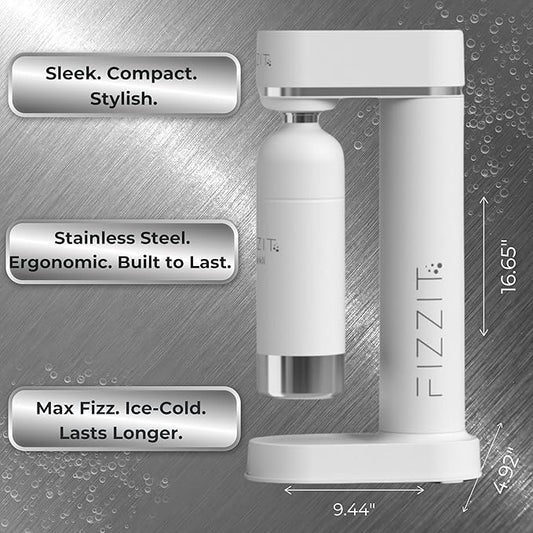 White Stainless Steel Sparkling Water Maker Soda Maker Includes 1 x CO2 Cylinder & 1L White Stainless Steel Bottle