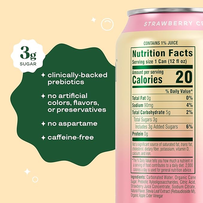 Bloom Pop Prebiotic Soda 12 Pack, Strawberry Cream Flavor, 12oz Cans | Prebiotic Soda for Gut Health, Low Calorie Soda, No Caffeine, Healthy Soft Drink Alternative