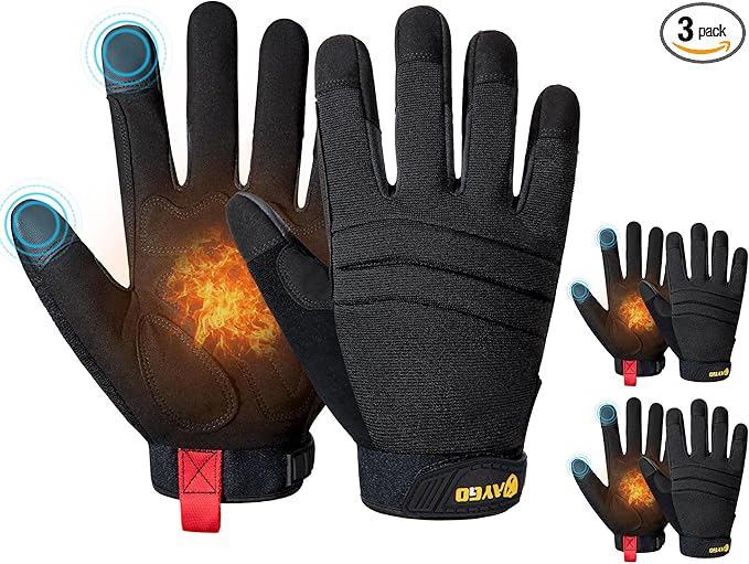 KAYGO Insulated Mechanic Work Gloves,3 Pairs KG127W Winter Thermal Safety Work Gloves for Men and Women, Double Lining,Heavy duty,Improved dexterity,Excellent Grip,Ideal for outdoor jobs,L